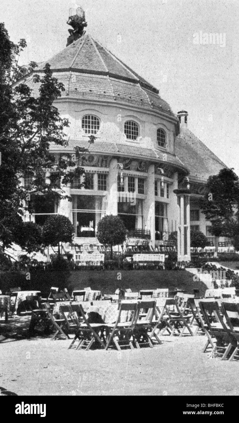 exhibitions, 'Munich 1908', architecture, main restaurant, arcades and pavillon, architect: Emanuel von Seidl, exterior view, central block, Stock Photo