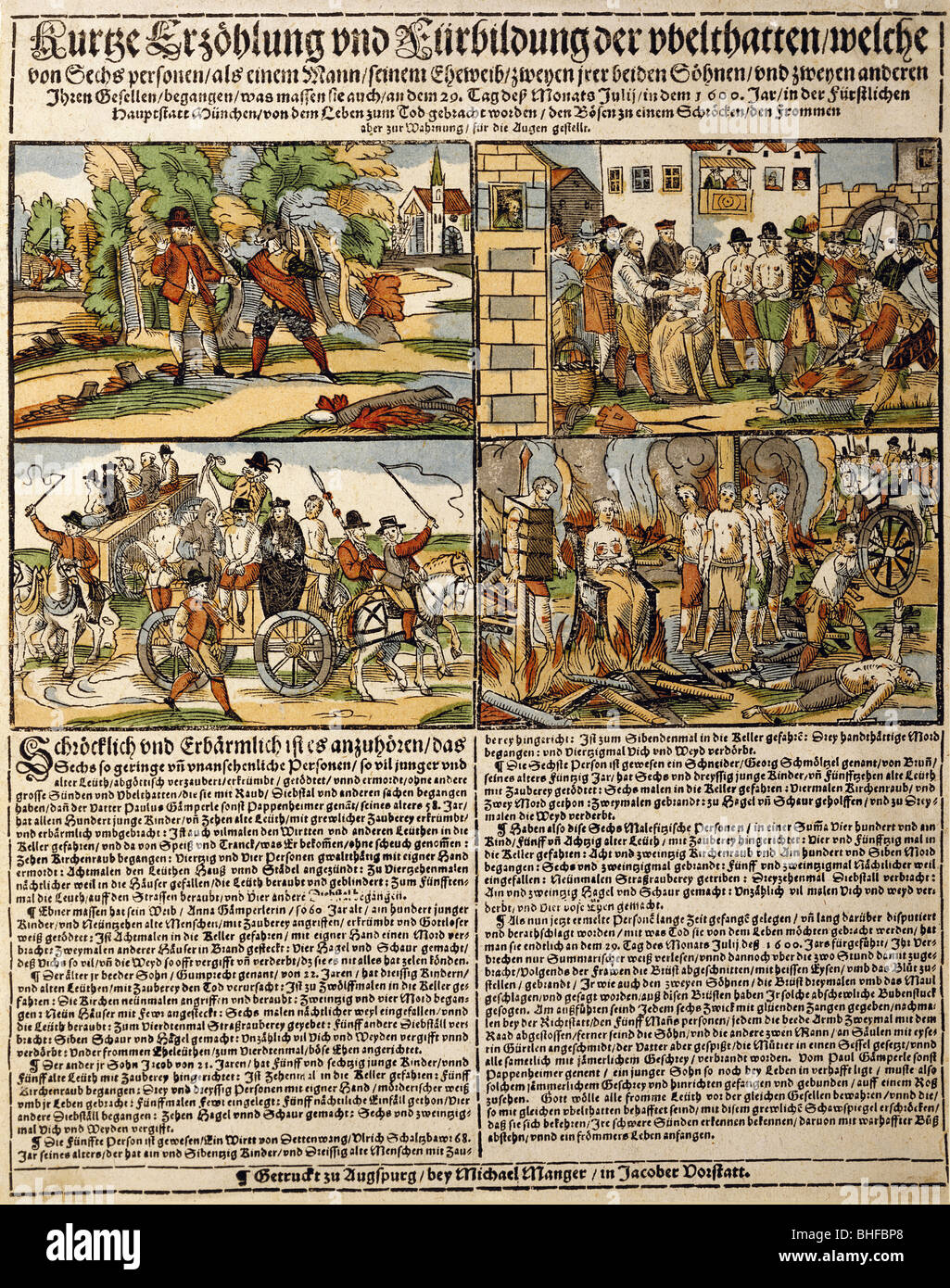 justice, penitentary system, execution, public torture and burning of the vagabond familiy Pappenheimer, Munich, 28.7.1600, woodcut, broadsheet by Michael Manger, Augsburg, 1600, private collection, punishment, fleaflet, news, newspaper, media, press, Bavaria, Germany, 17th century, historic, historical, people, Stock Photo