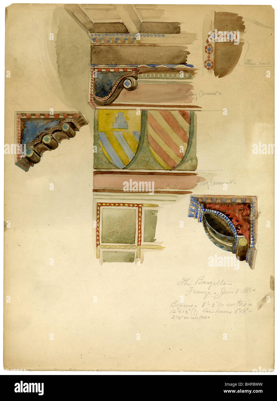 Dated 1886 architectural study of the Bargello art museum, also known as Bargello Palace or Palazzo del Popolo (Palace of the Pe Stock Photo