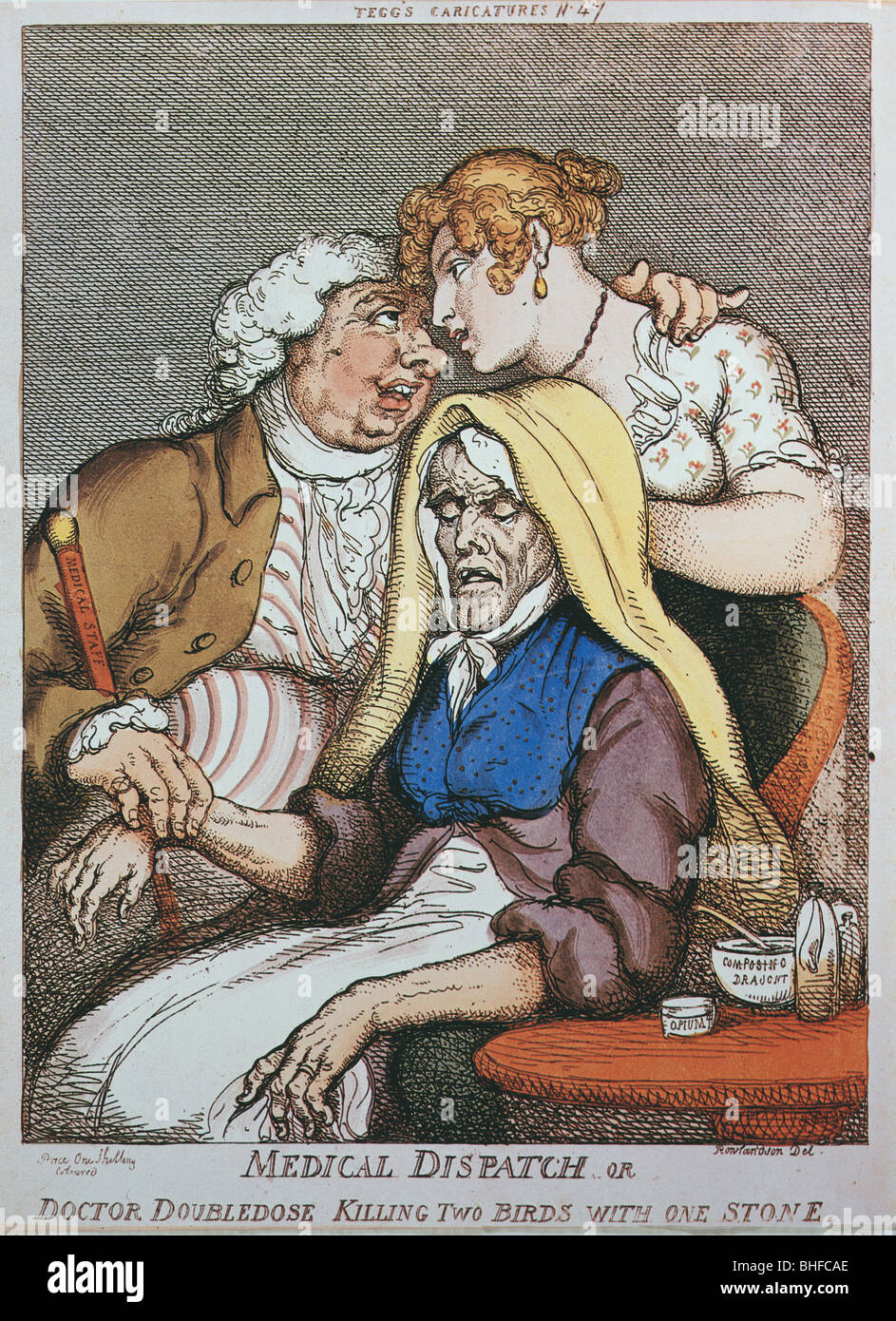 medicine, caricature, "Medical Dispatch or Doctor Doubledose killing two Birds with one Stone.", aquatinta by Thomas Rowlandson, published by Th. Tegg, London, 1810, private collection, , Stock Photo