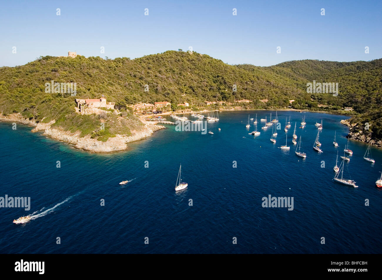 Aerial view of Port Cros with boats in a bay, Iles d'Hyeres, France, Europe Stock Photo