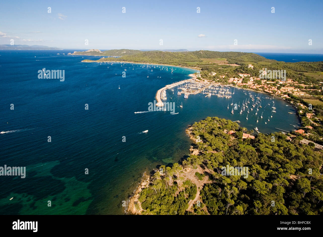 Aerial view of Port Cros with bay and harbour, Iles d'Hyeres, France, Europe Stock Photo