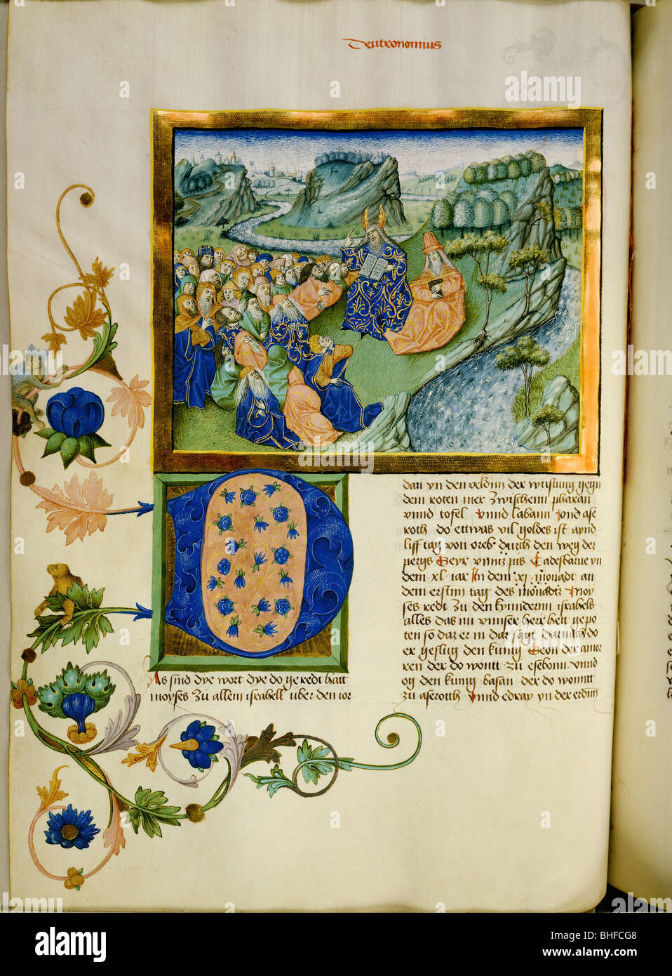 religion, christianity, books, book of hours, Germany, 2nd half 15th century, miniature, Moses and Aaron with the Tablets of Law before the people of Israel, Augsburg University Library, , Stock Photo