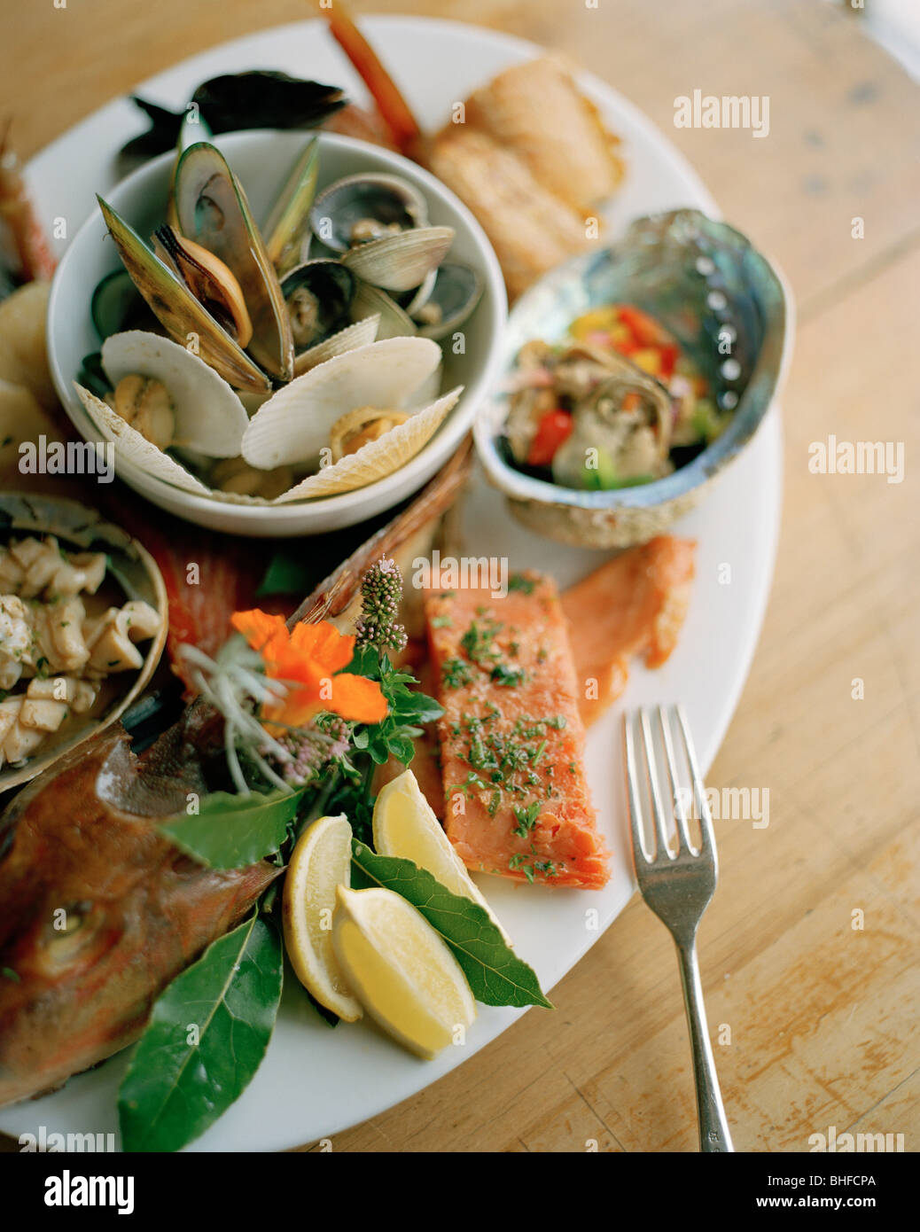 Kaimoana fish platter at Fleurs Place Restaurant, Moeraki, east coast, South Island, New Zealand Stock Photo