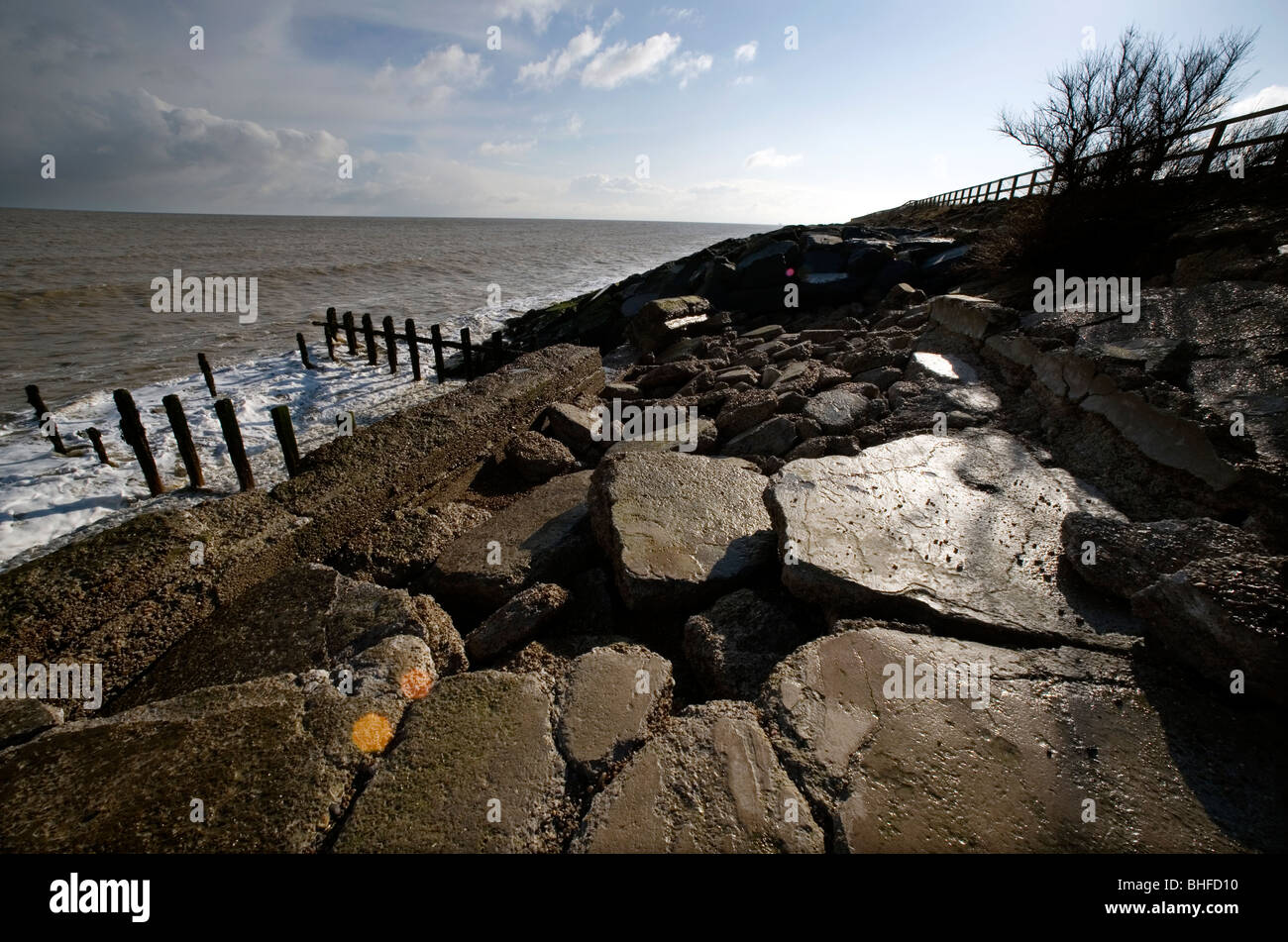 Coastal Erosion at East Lane, Bawdsey on the Suffolk coast, Britain,UK. Stock Photo