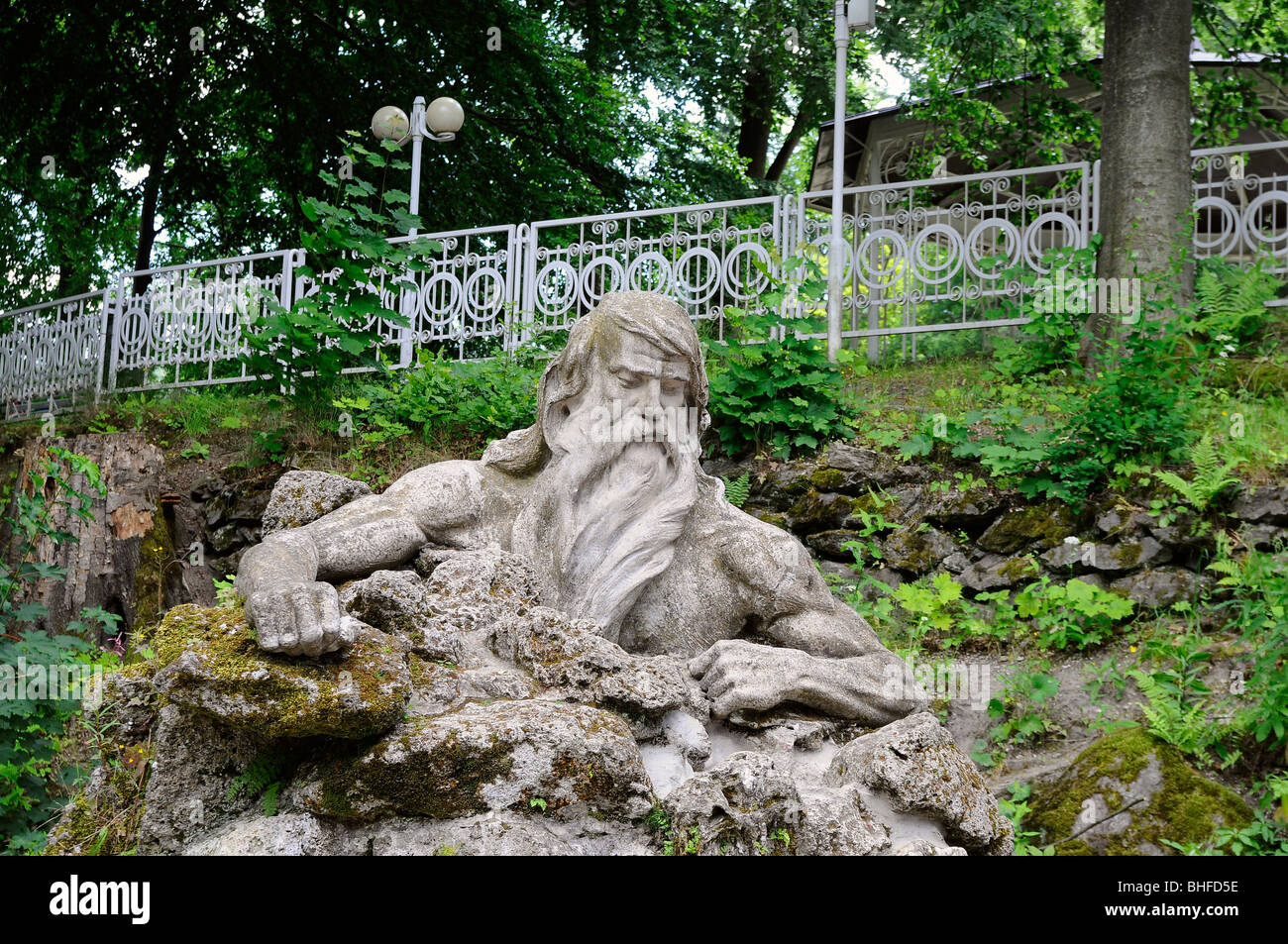 Stone sculpture of Ruebezahl at the village Janske Lazne, Bohemian mountains, east-bohemian, Czech Republic, Europe Stock Photo