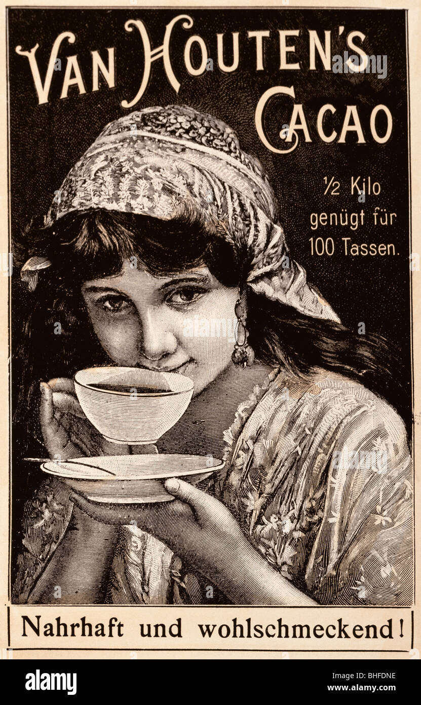 advertising, beverages, cocoa, adhesive label of the company Van Houten, wood engraving, Germany, circa 1900, Stock Photo
