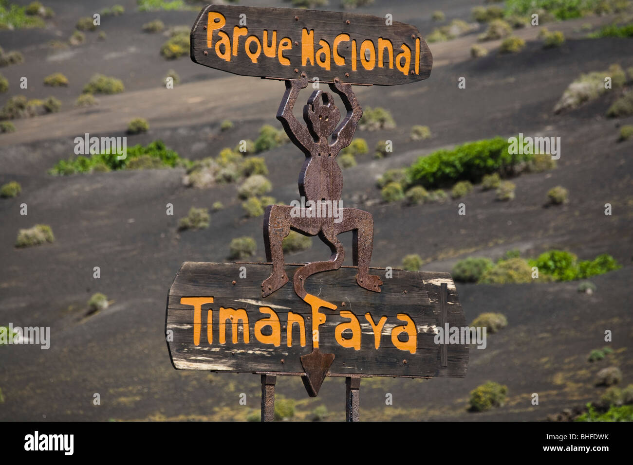 Symbol of the devil on a sign, volcanic landscape, Parque Nacional de Tiimanfaya, Montanas del Fuego, UNESCO Biosphere Reserve, Stock Photo