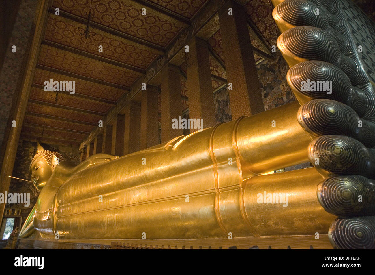 Lying Buddha Statue at Wat Po, Bangkok Thailand, Asia Stock Photo