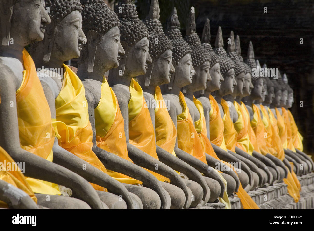 Buddha statues wearing monks' robes in a row, Wat Yai Chai Mongkhon, Ayutthaya, Province Ayutthaya, Thailand, Asia Stock Photo
