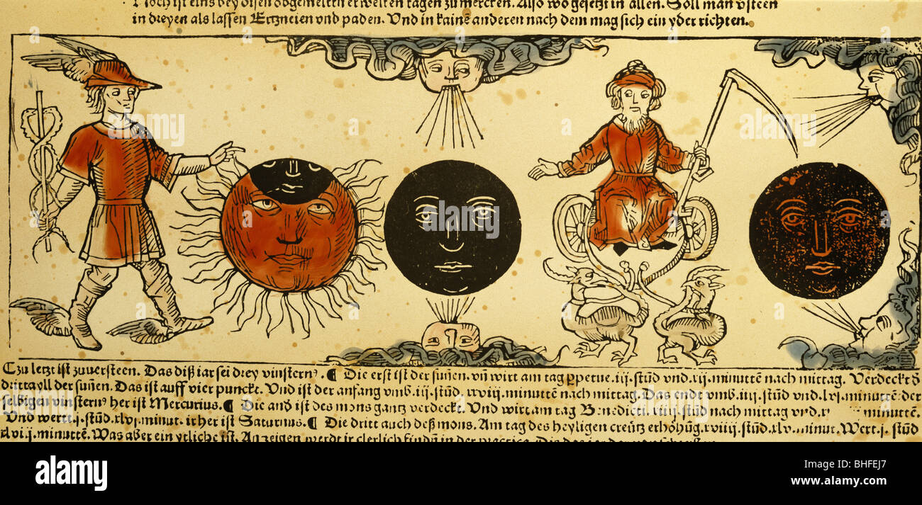 calendar, graphic from a calendar by Peter Wagner, Nuremberg, 1494, with Mercury, Saturn and the prediction of three solar eclipses, private collection, Stock Photo