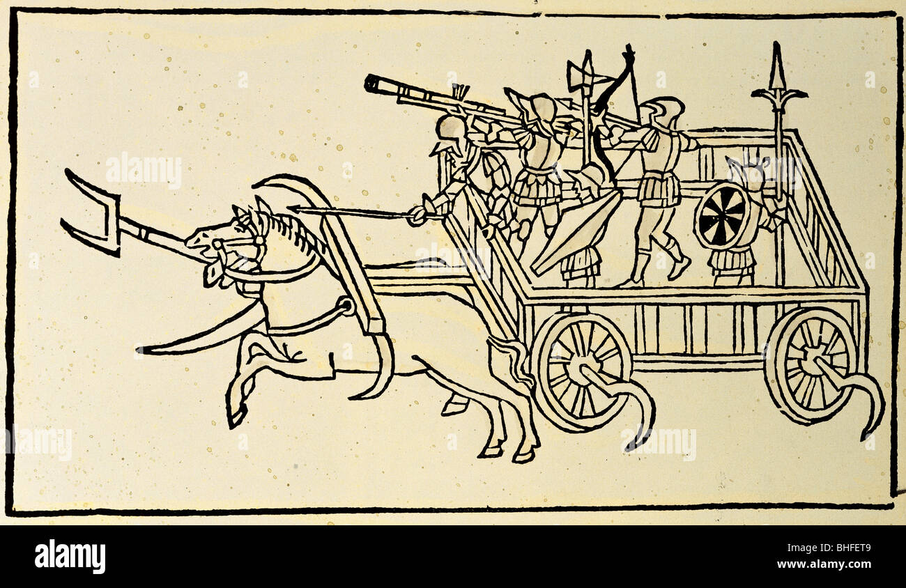military, chariot, coloured woodcut, 'De re militari' by Roberto Valturio, Verona, 1483, private collection, , Stock Photo