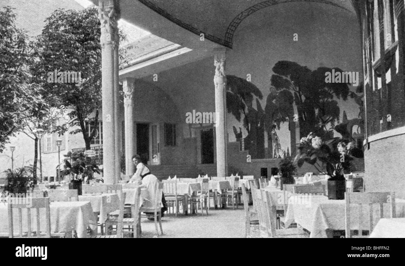 exhibitions, 'Munich 1908', architecture, main restaurant, arcades and pavillon, architect: Emanuel von Seidl, interior view, Stock Photo