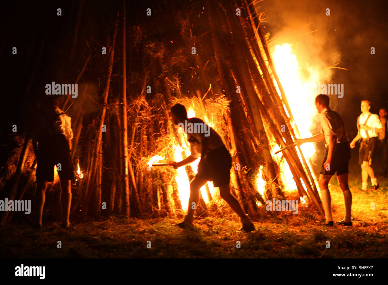 Fire, Midsummer Festival, Muensing, Bavaria, Germany Stock Photo