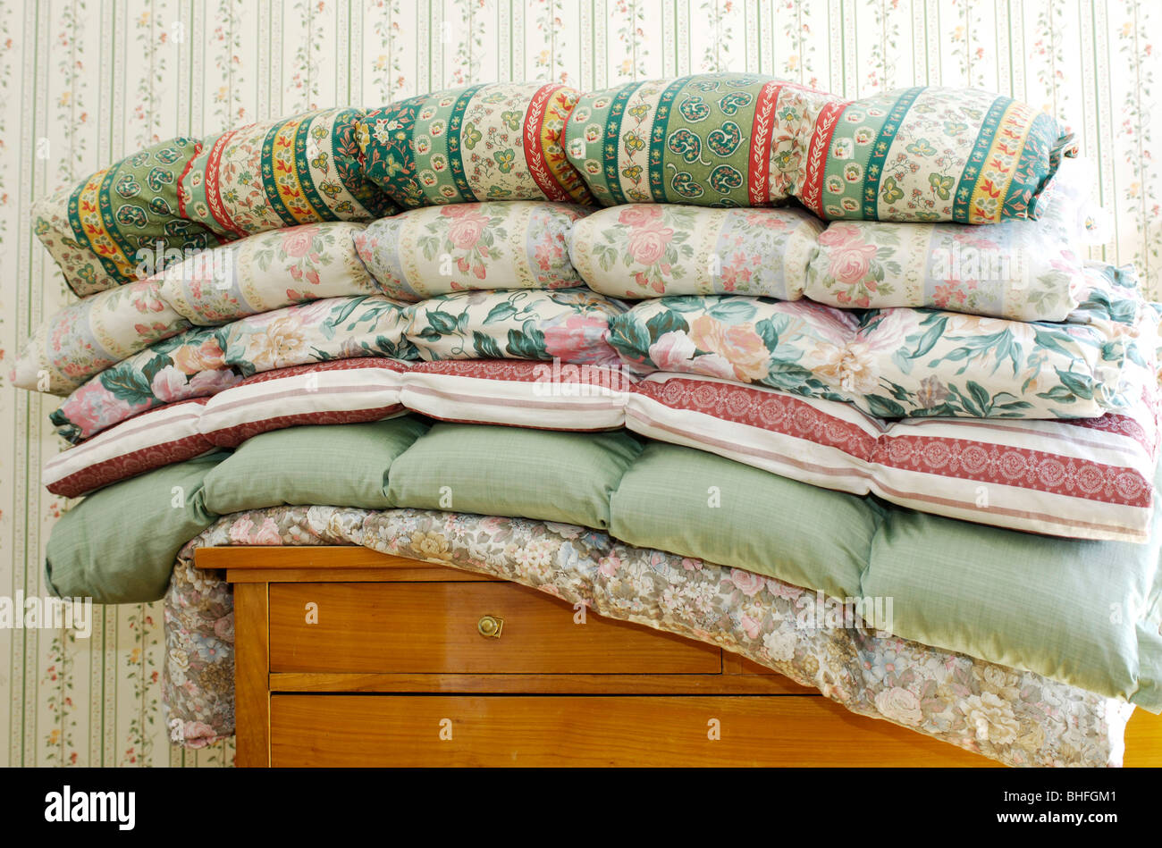 Quilts, bedding in Villa Hermes, Seis am Schlern, South Tyrol, Italy Stock Photo
