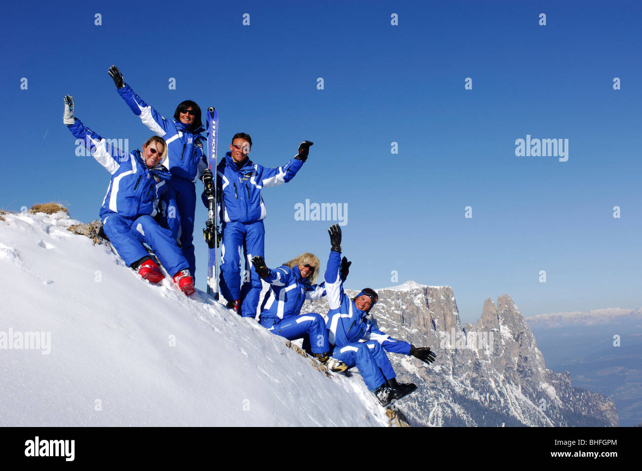 A group of ski instructors, Mountain landscape in Winter, Santner, Seiser Alp, Schlern, South Tyrol, Italy Stock Photo