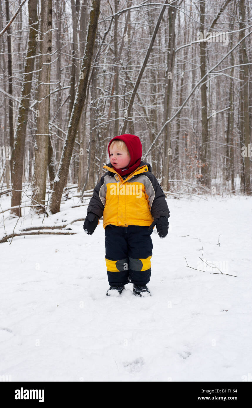 A Canadian toddler enjoys the woods in winter near Kingston, Ontario, Canada Stock Photo