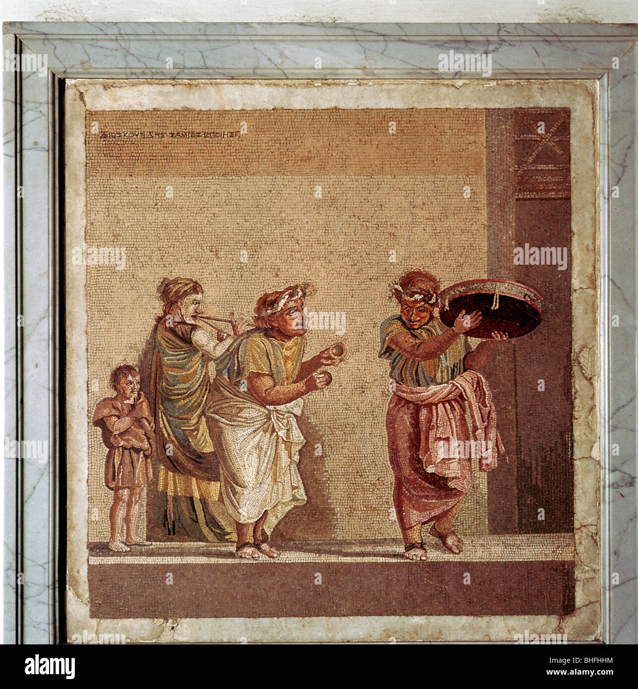 Roman mosaic of musicians and masked actors in a play, Pompeii, Italy. Artist: Dioscurides Stock Photo