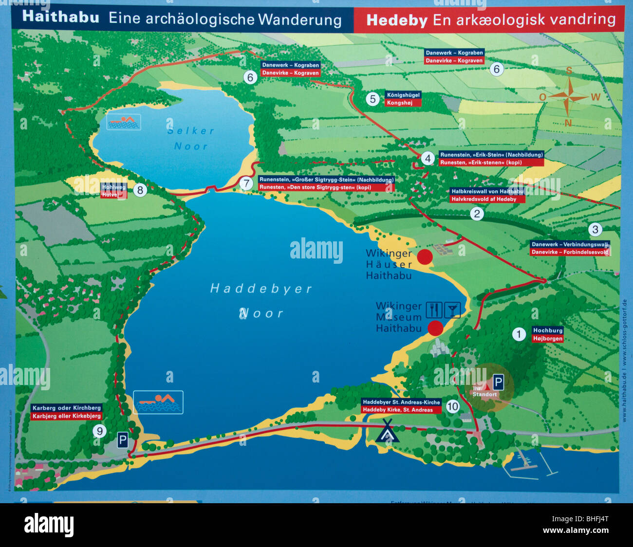 Map sign giving an overview of the Haithabu area i Schlesvig in northern Germany Stock Photo