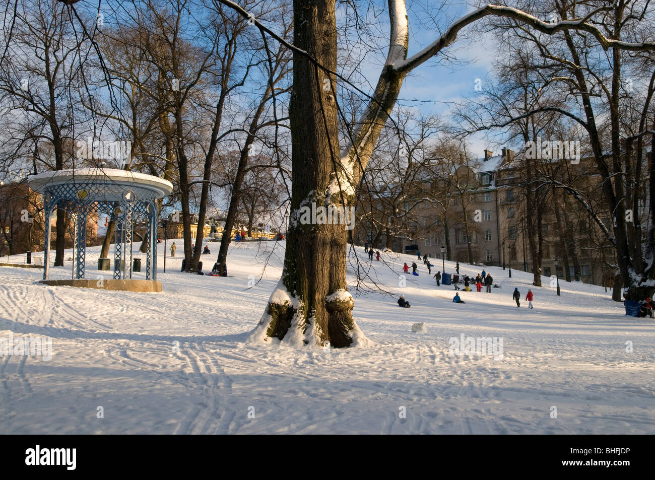 Children playing on toboggans in Humlegården park, Stockholm Stock ...