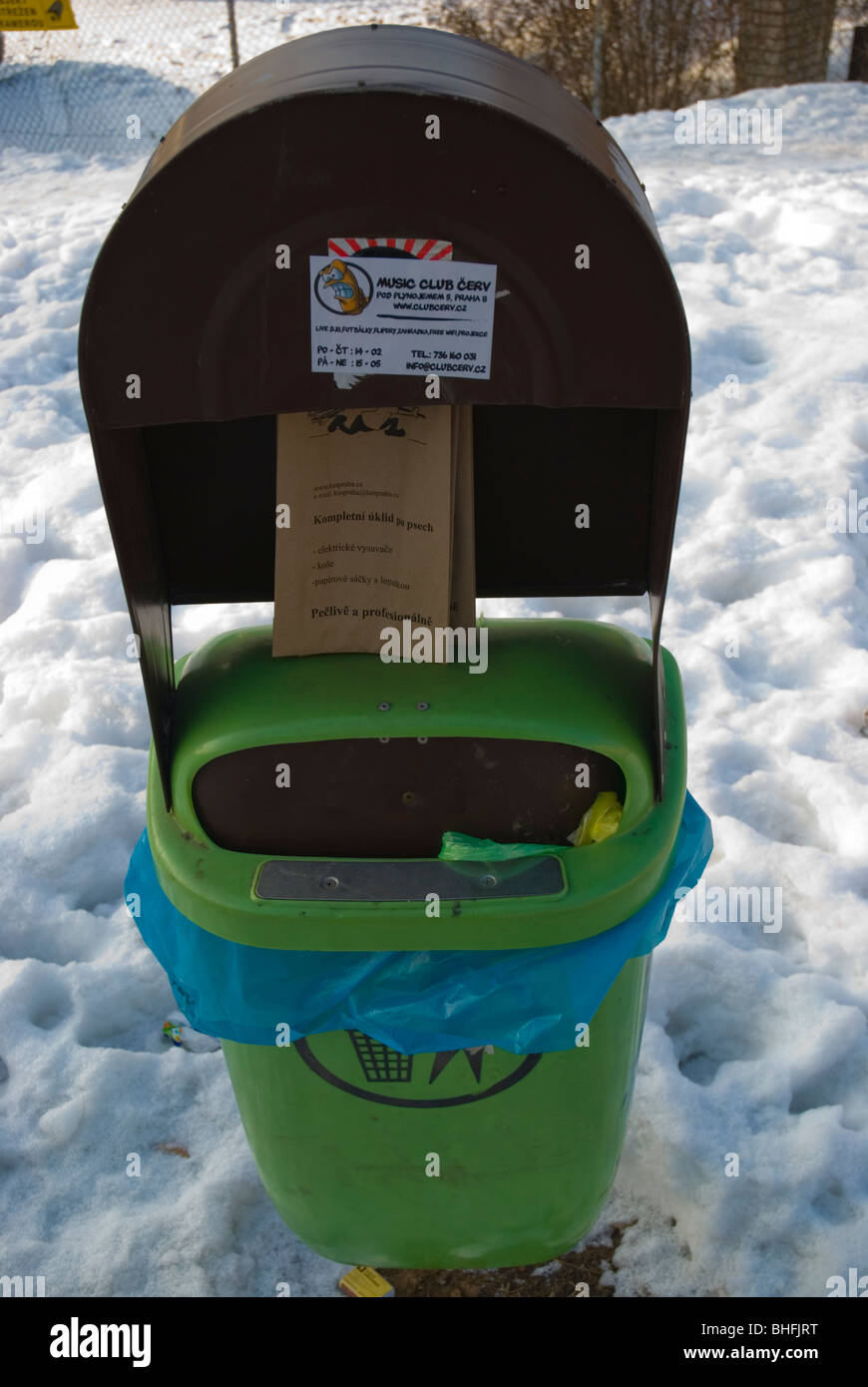 Dog waste disposal bags attached to a rubbish bin Palmovka Prague Czech