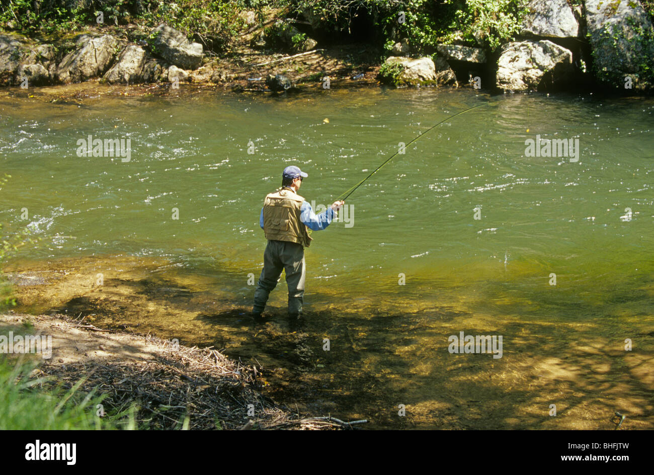 Fly fishing for rainbow trout on the Chattahoochee River in northern Georgia Stock Photo