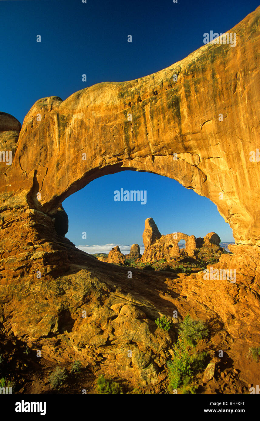 Turret Arch viewed through North Window at Arches National Park, Utah, USA Stock Photo