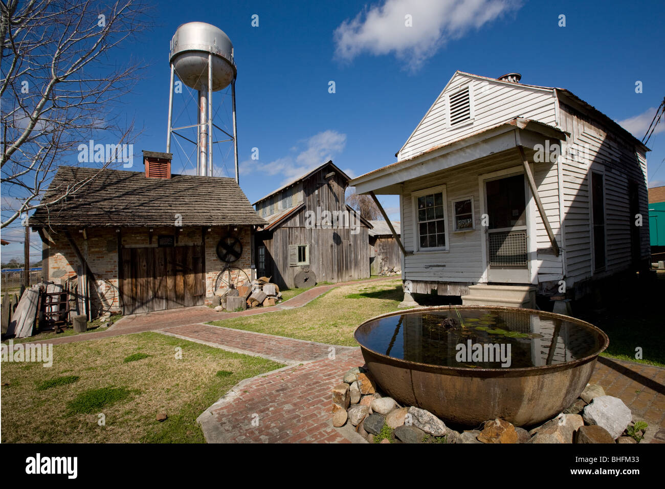 Historical cypress mill and sugar kettle in Lutcher, Louisiana, on the
