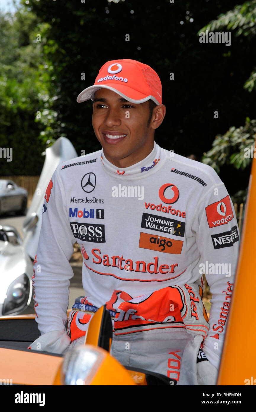 Goodwood Festival of Speed 2009 Sunday 5th July Lewis Hamilton sits on the Mercedes SLR 722s. Stock Photo