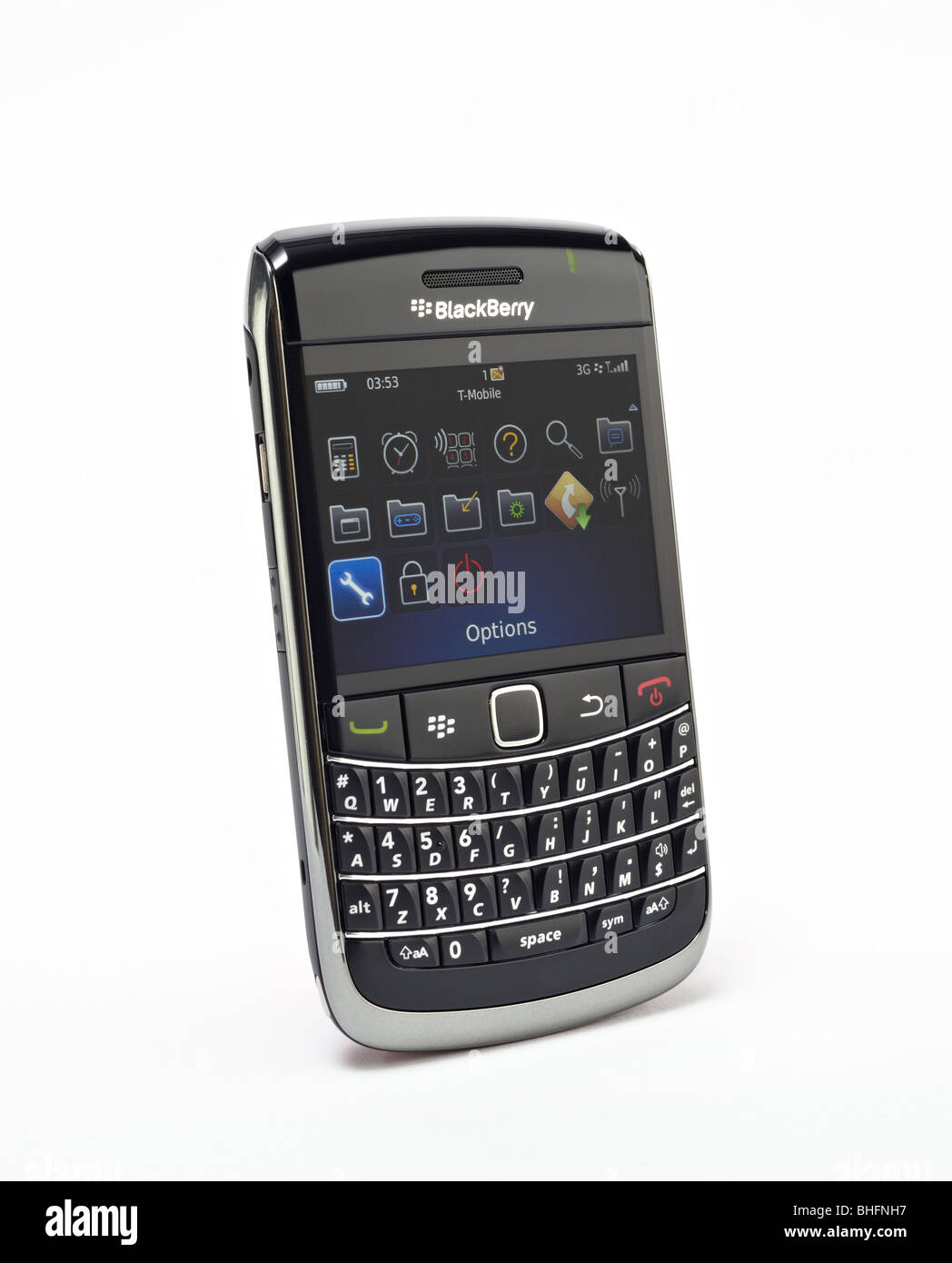 Blackberry 9700 Bold mobile phone PDA cut out on white background with clipping path. Stock Photo
