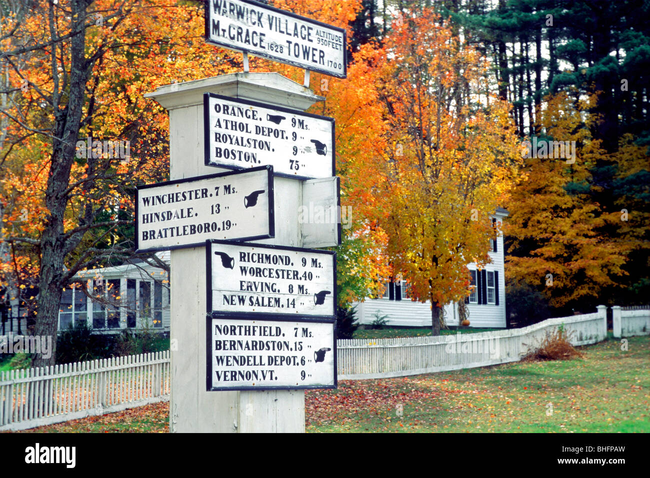 Road signs foliage Warwick Massachusetts Stock Photo