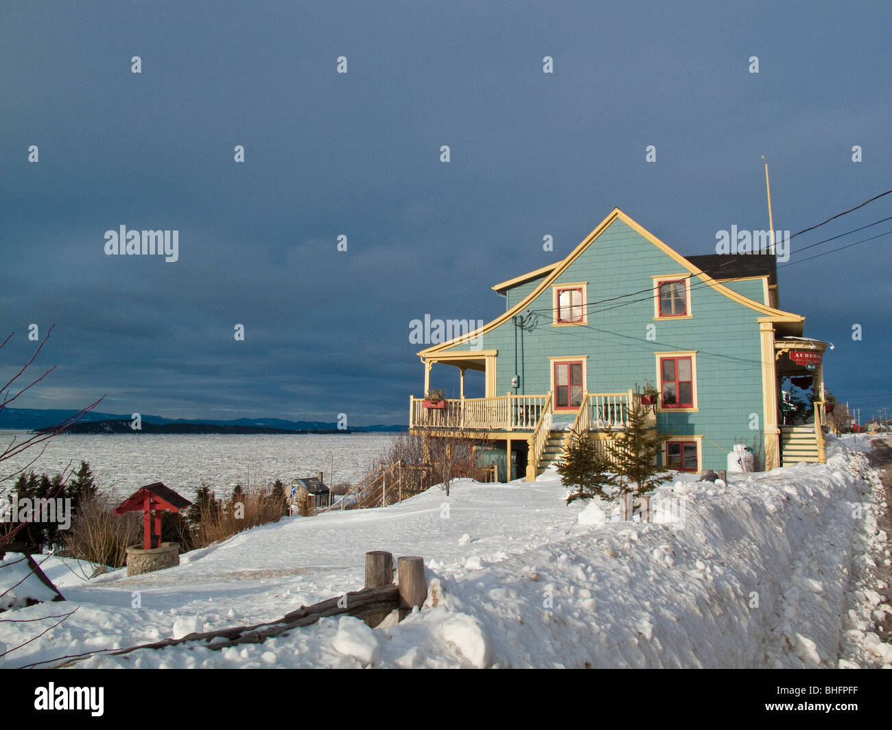Kamouraska quebec in winter time with snow and frozen st. lawerence river Stock Photo