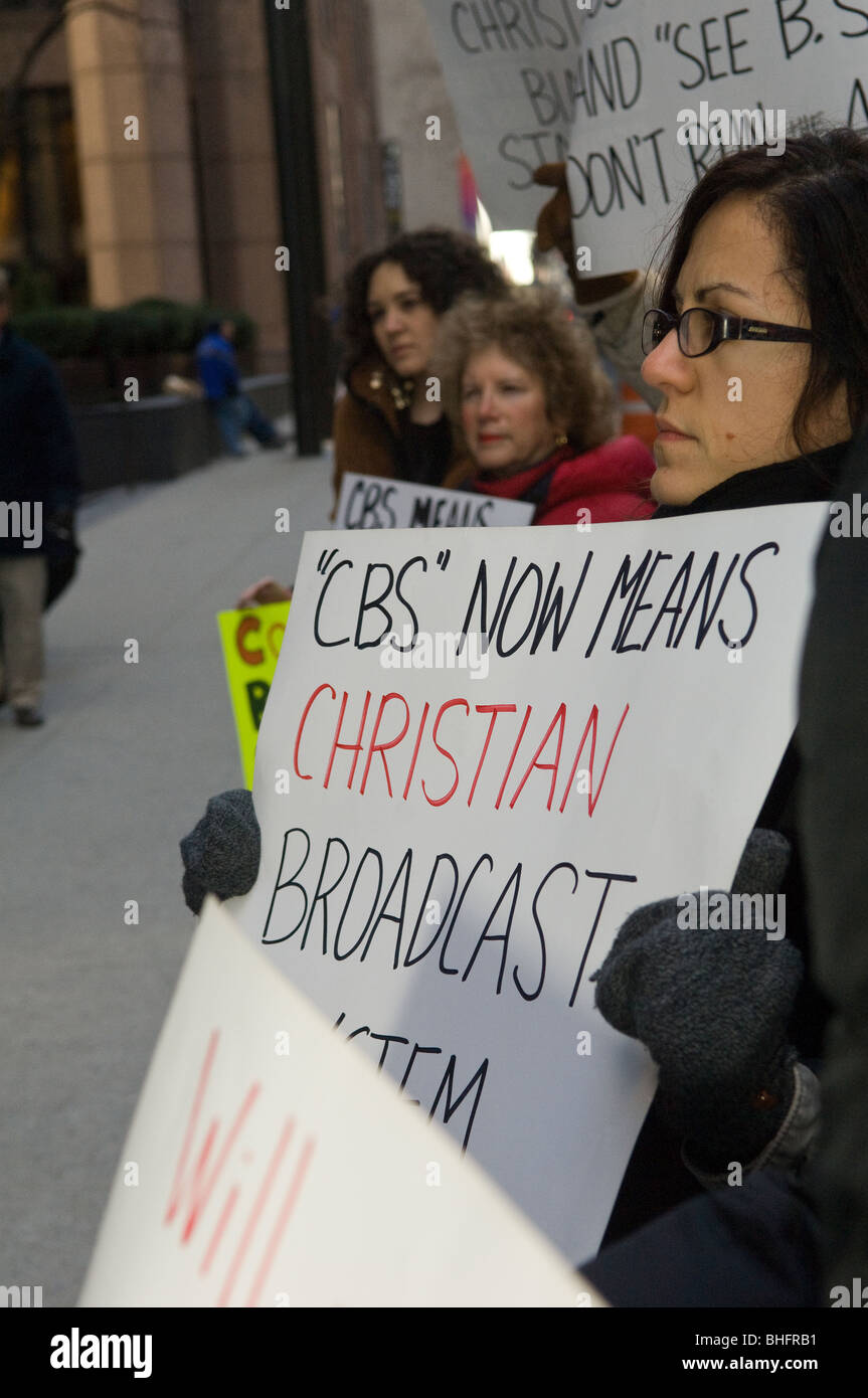 Women's groups protest in front of CBS headquarters in support of abortion and against pro-life commercial run during Superbowl Stock Photo