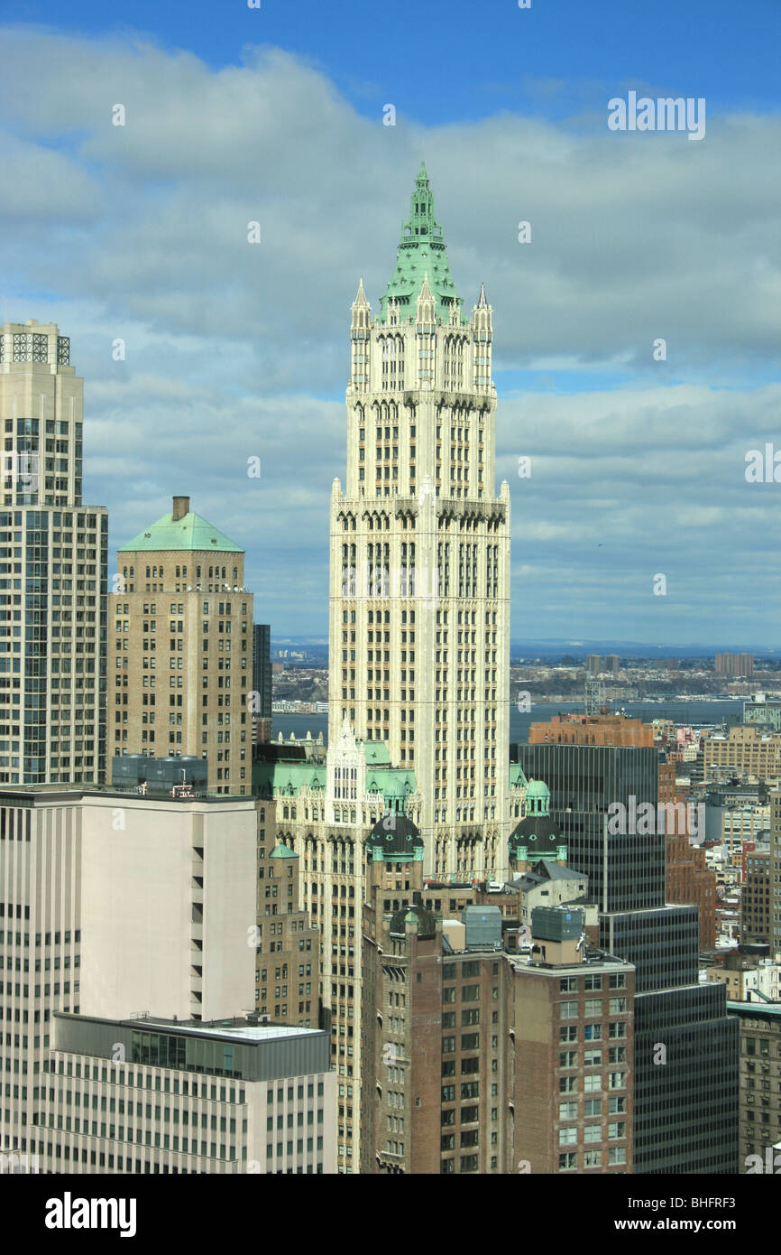 Lower Manhattan skyline including the Woolworth Building. Stock Photo
