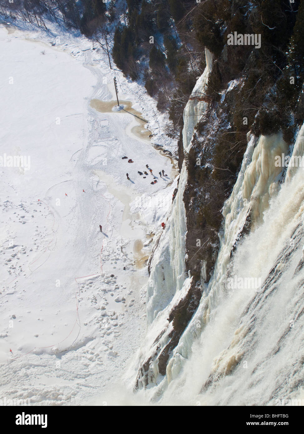 Ice climbing on frozen Montmorency Falls near Quebec City Canada Stock Photo