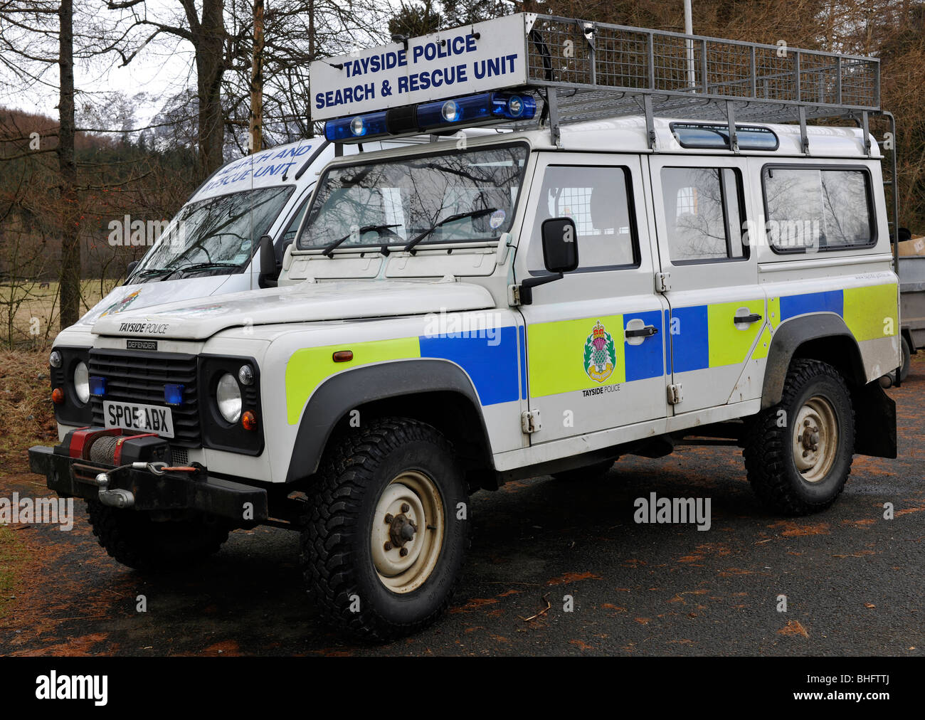 Mountain Rescue Vehicles of the Tayside Police, Glen Clova, Angus, Scotland, UK Stock Photo