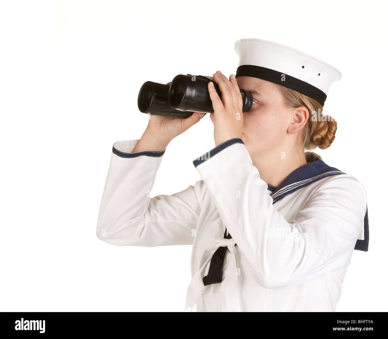 young female navy sailor with binoculars isolated on white Stock Photo ...