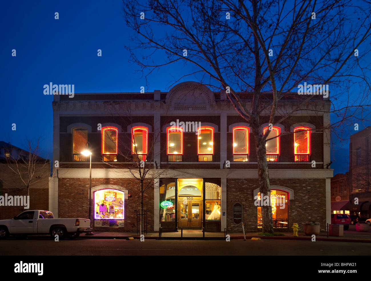 Phoenix Building, Main Street, downtown Chico, California at night