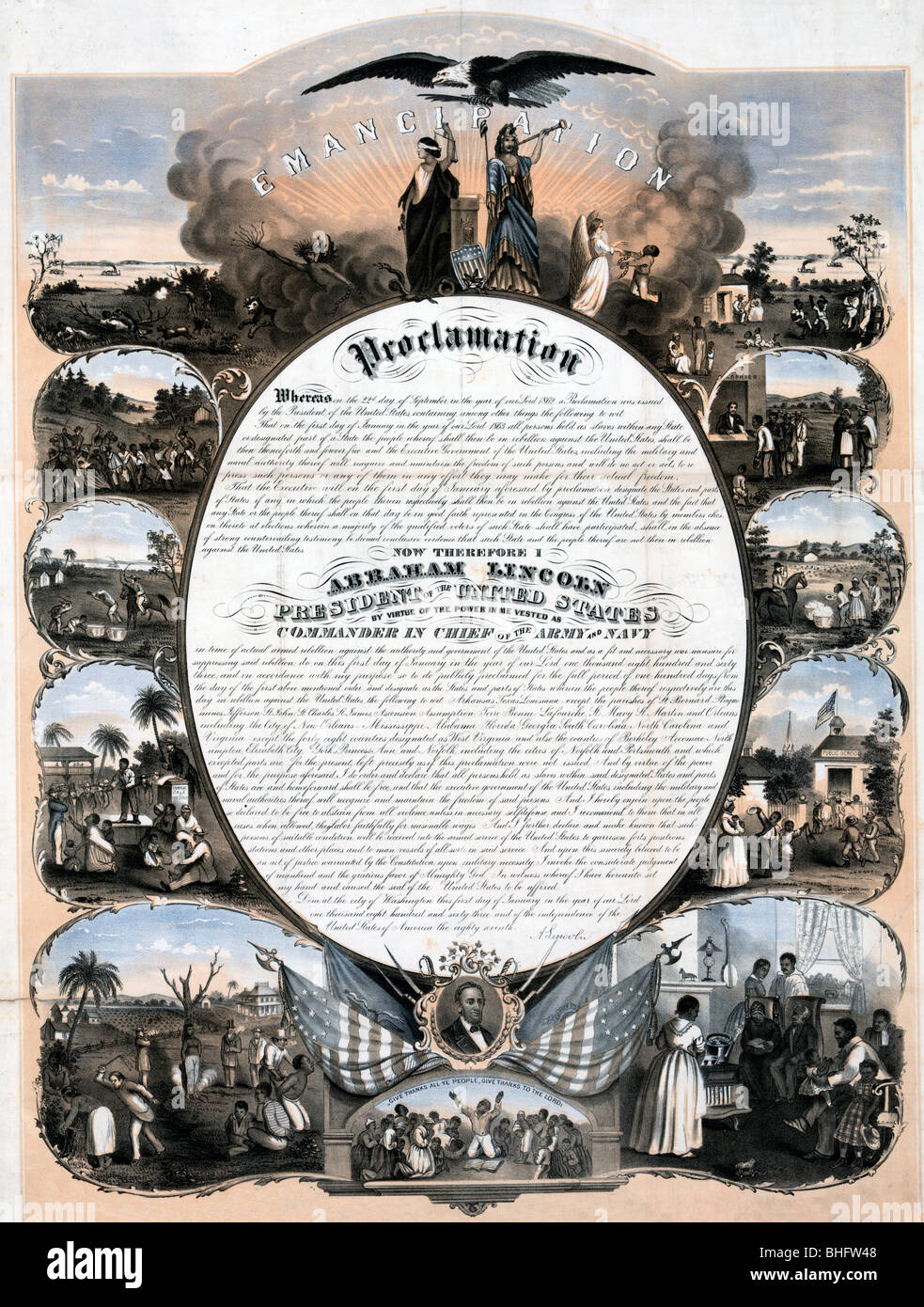 The Emancipation Proclamation, issued January 1st, 1863,  with various scenes of slave life in the United States America Stock Photo