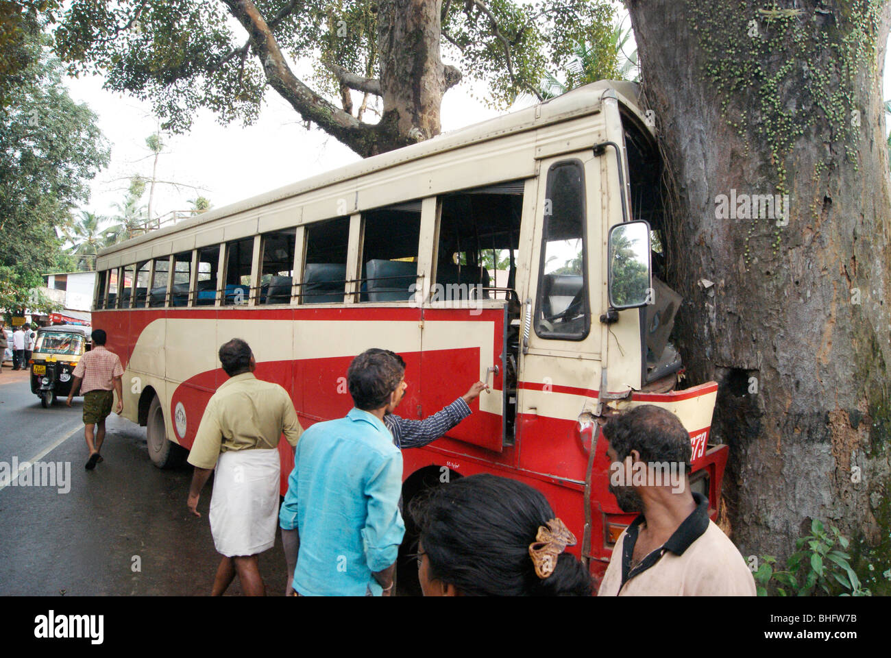Bus Accident in Kerala.Hardly bus hits in roadside tree Stock Photo