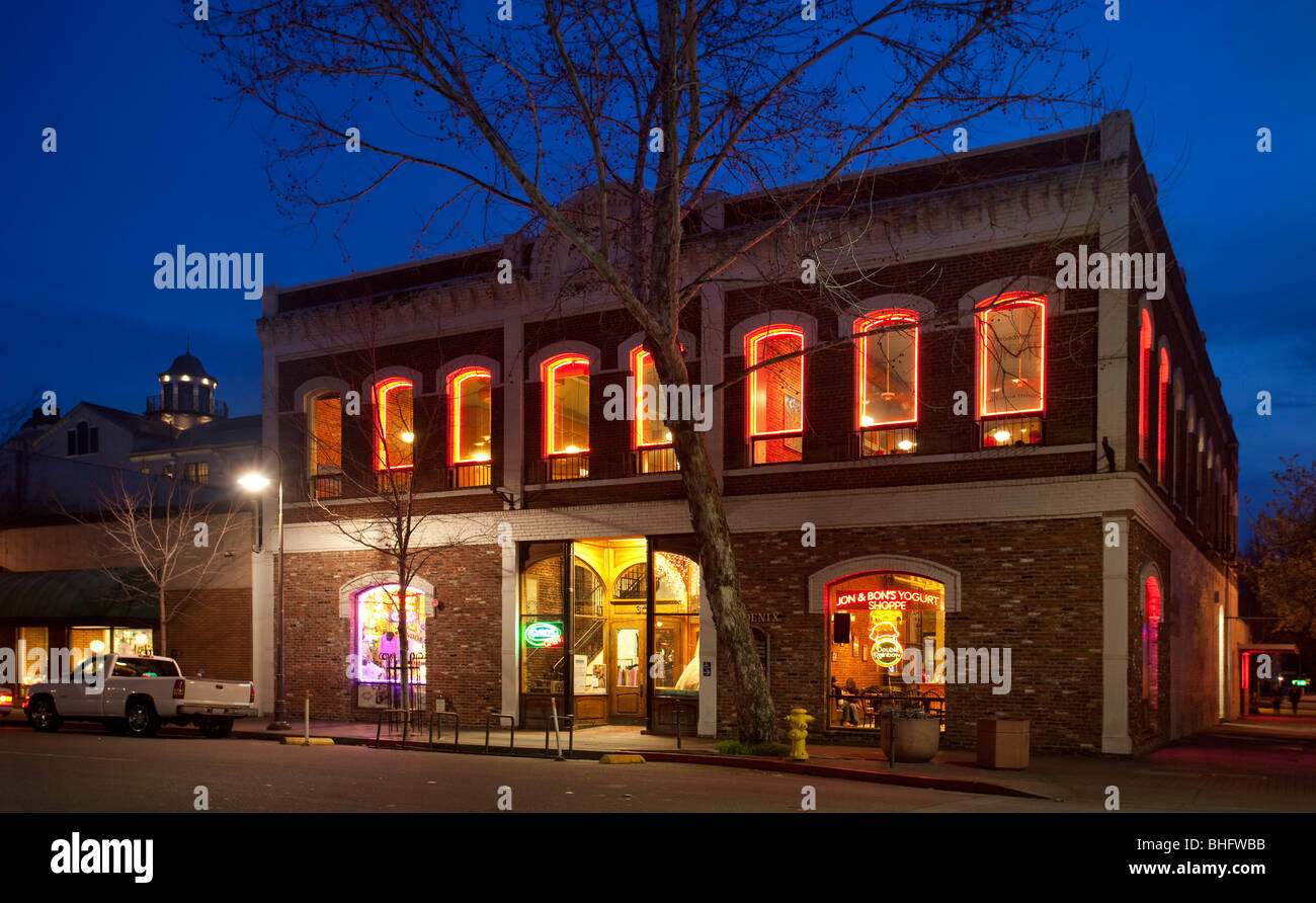 Phoenix Building, Main Street, downtown Chico, California at night