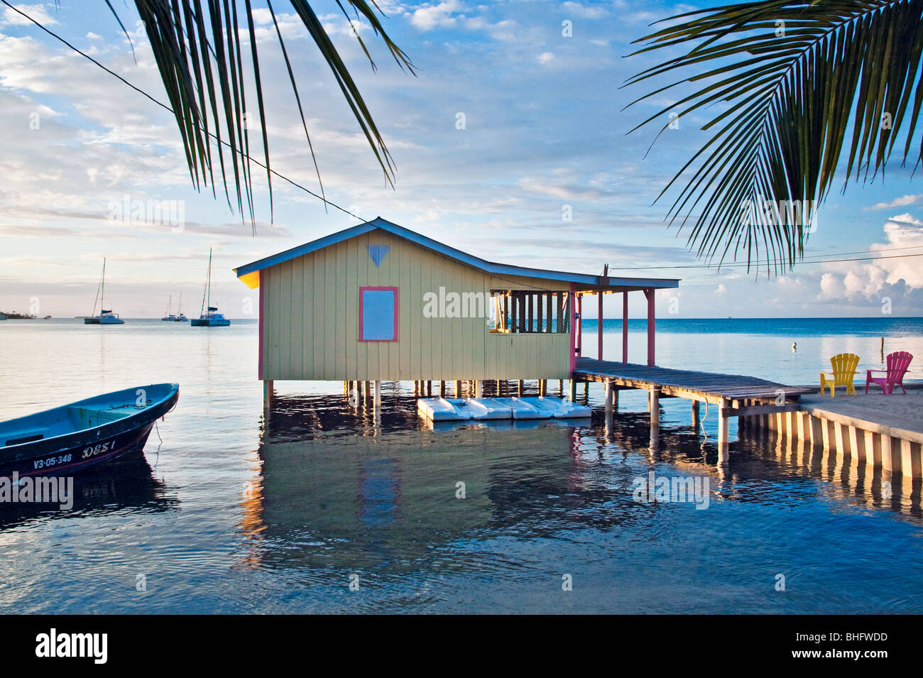 shack on dock  in Placencia, Belize Stock Photo