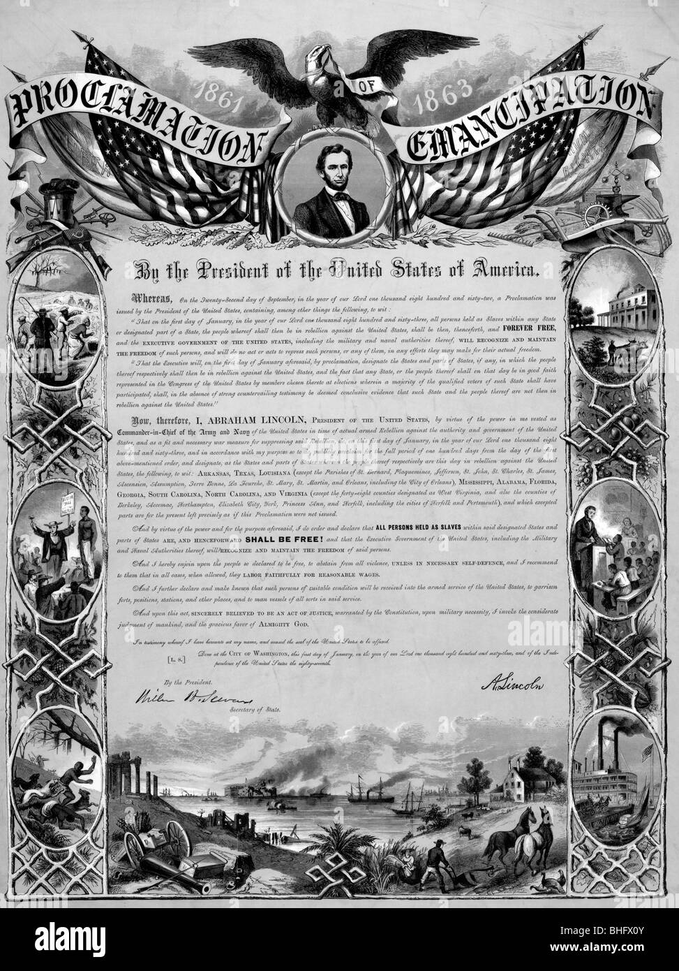 The Emancipation Proclamation, issued January 1st, 1863,  with various scenes of slave life in the United States America Stock Photo