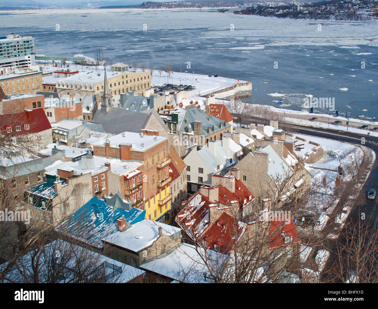 View of the old city of Quebec above the icy waters of the st. lawrence river in wintertime canada Stock Photo