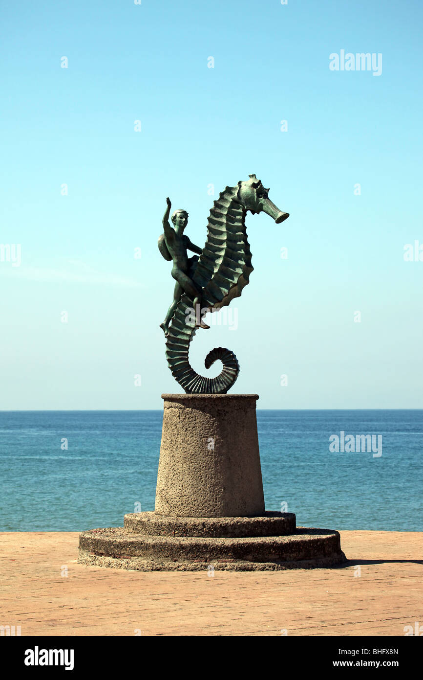 Puerto Vallarta, Mexico Malecon Seahorse statue. On sea side ocean