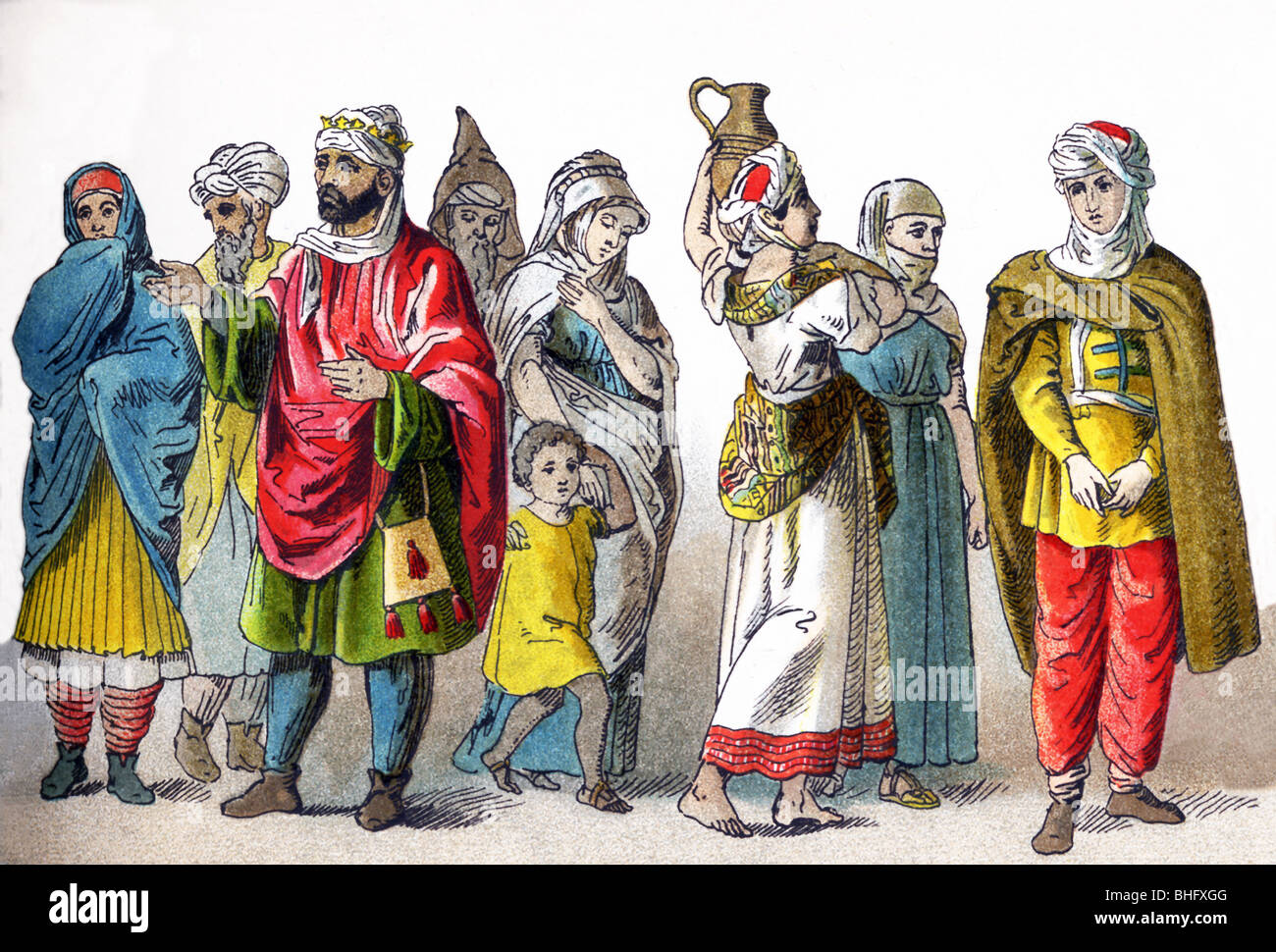 These figures represent Moors during the Ottoman Empire, all in 1500: woman, man, king, boy, women, man. Stock Photo