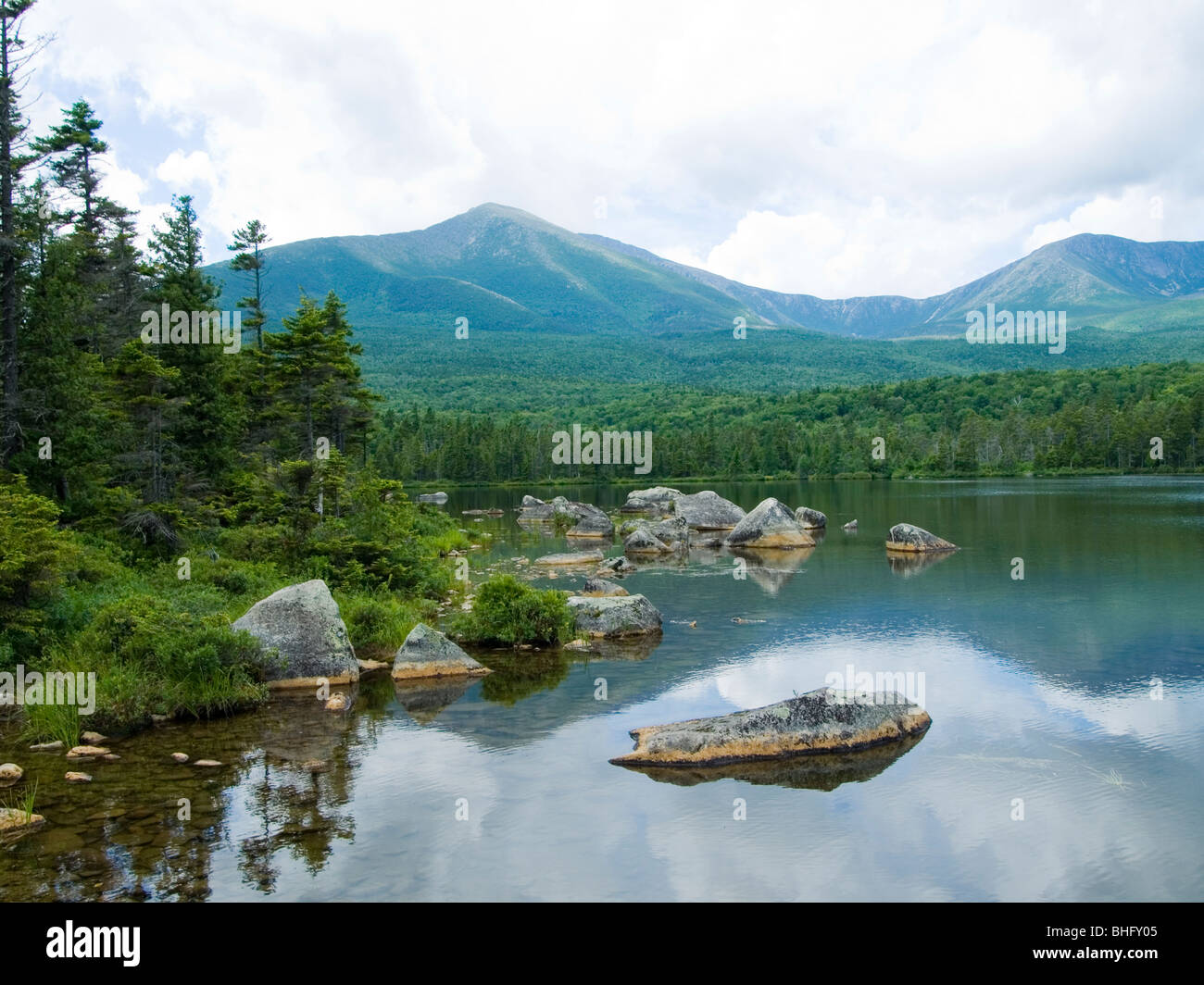 OLYMPUS DIGITAL CAMERA View of Mt. Katahdin from a lake in Baxter State Park, Maine Stock Photo