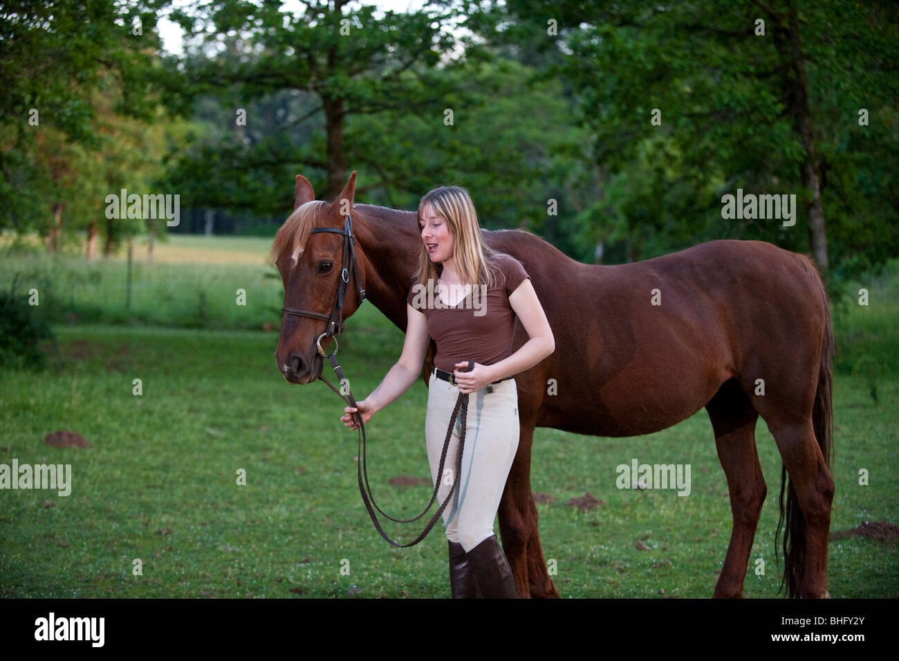 Pretty woman resting her horse Stock Photo