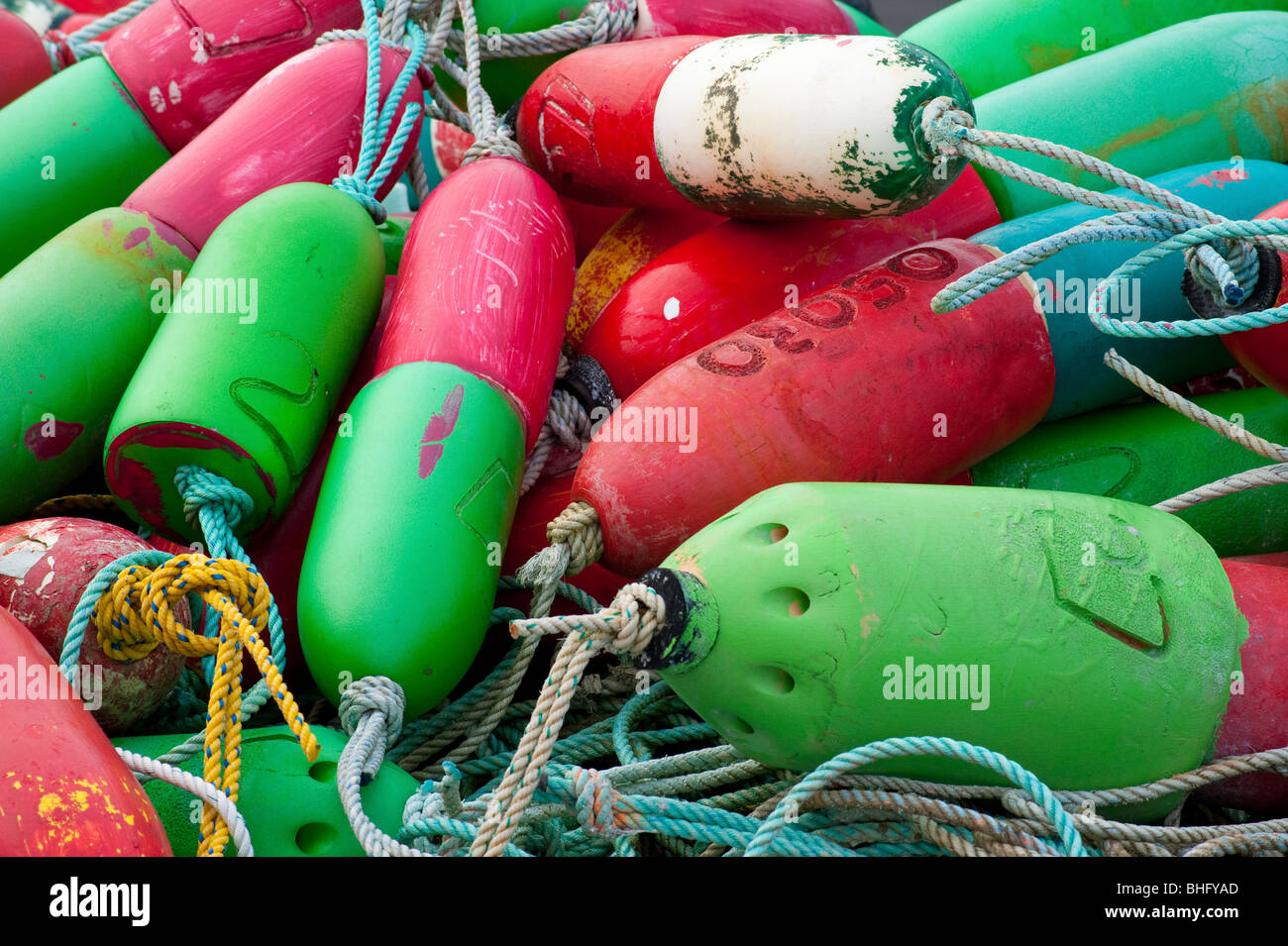 Colorful red and green buoys used for trapping crabs Stock Photo Alamy