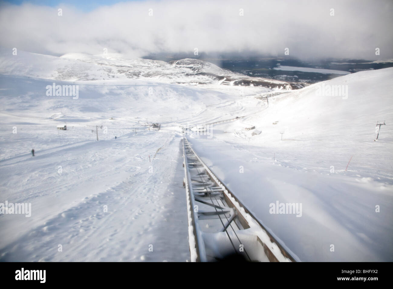 A view along the tracks of the Funicular railway at Aviemore in the Cairngorm Mountains, Scotland, UK. Stock Photo